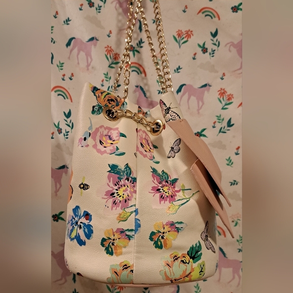 Y2K Betsey Johnson Hopelessly Romantic Vegan Floral Bee Butterfly Bucket Purse - Picture 4 of 10